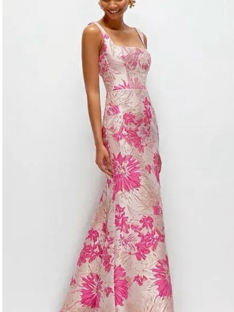 Dessy Collection Pink Floral Square-Neck Maxi Dress
